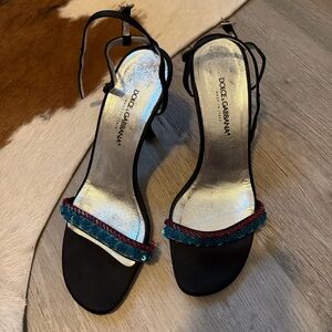 Dolce & Gabbana Black Heeled Sandals with Teal and Red Bead Trim